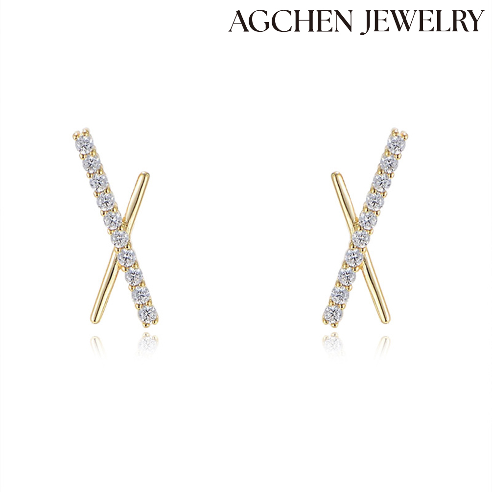 AGCHEN S925 Sterling silver full diamond zircon earrings Female Japanese and Korean temperament fresh look cross X silver earrings AGKE3450