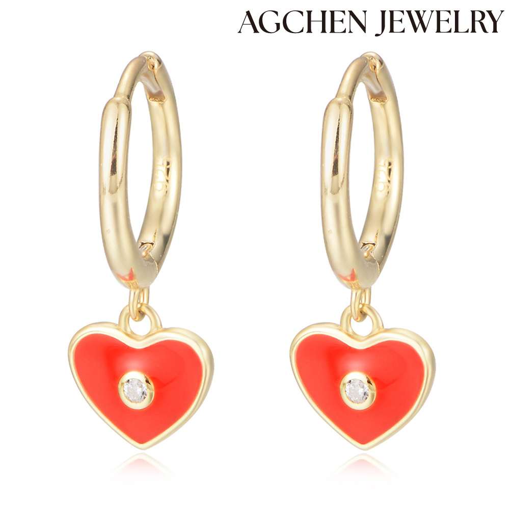 AGCHEN Europe and the United States popular love earrings s925 sterling silver heart color drop oil earrings temperament wholesale AGKSE104