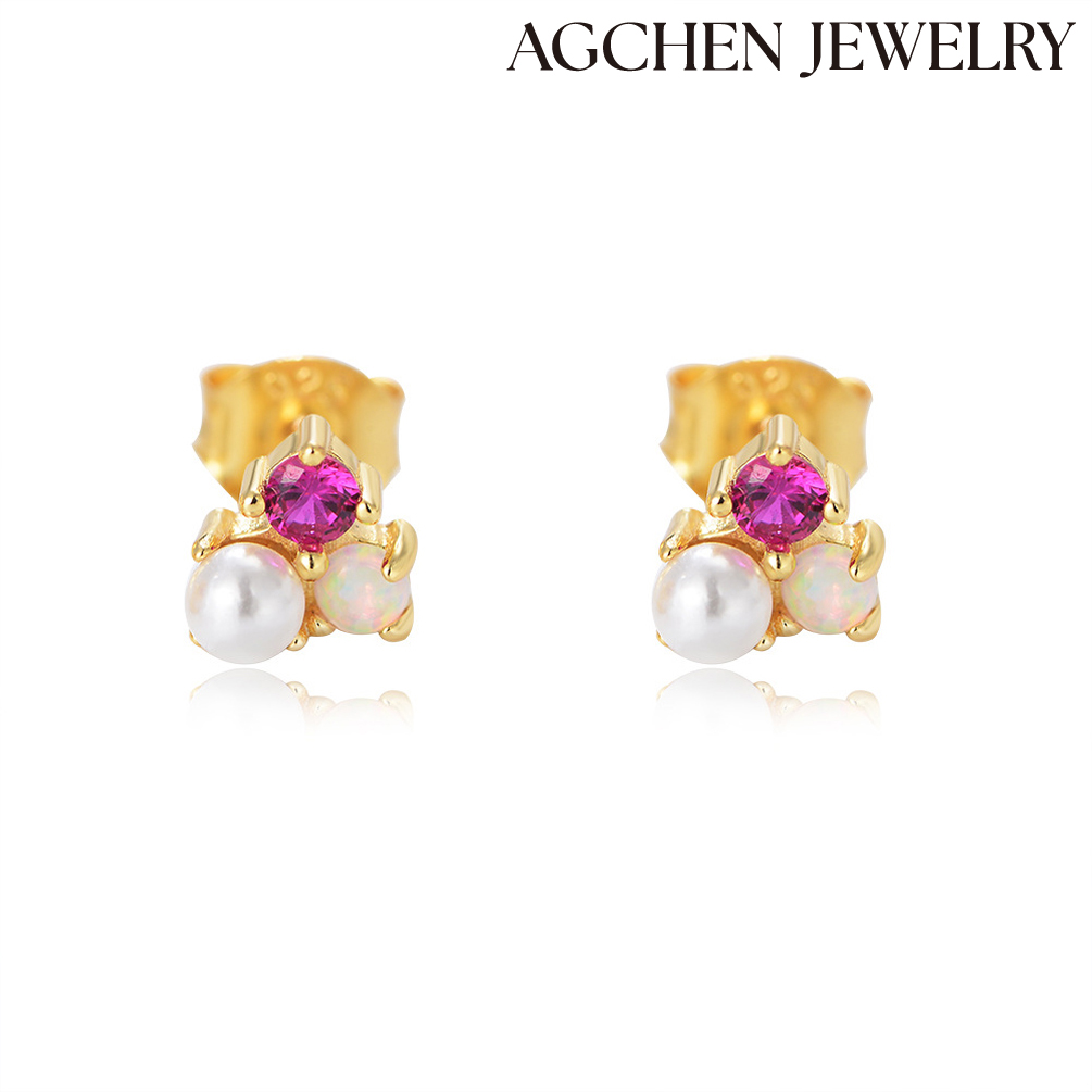 AGCHEN Europe and the United States S925 sterling silver simple pearl studs earrings female temperament all match opal zircon earrings AGKE3452