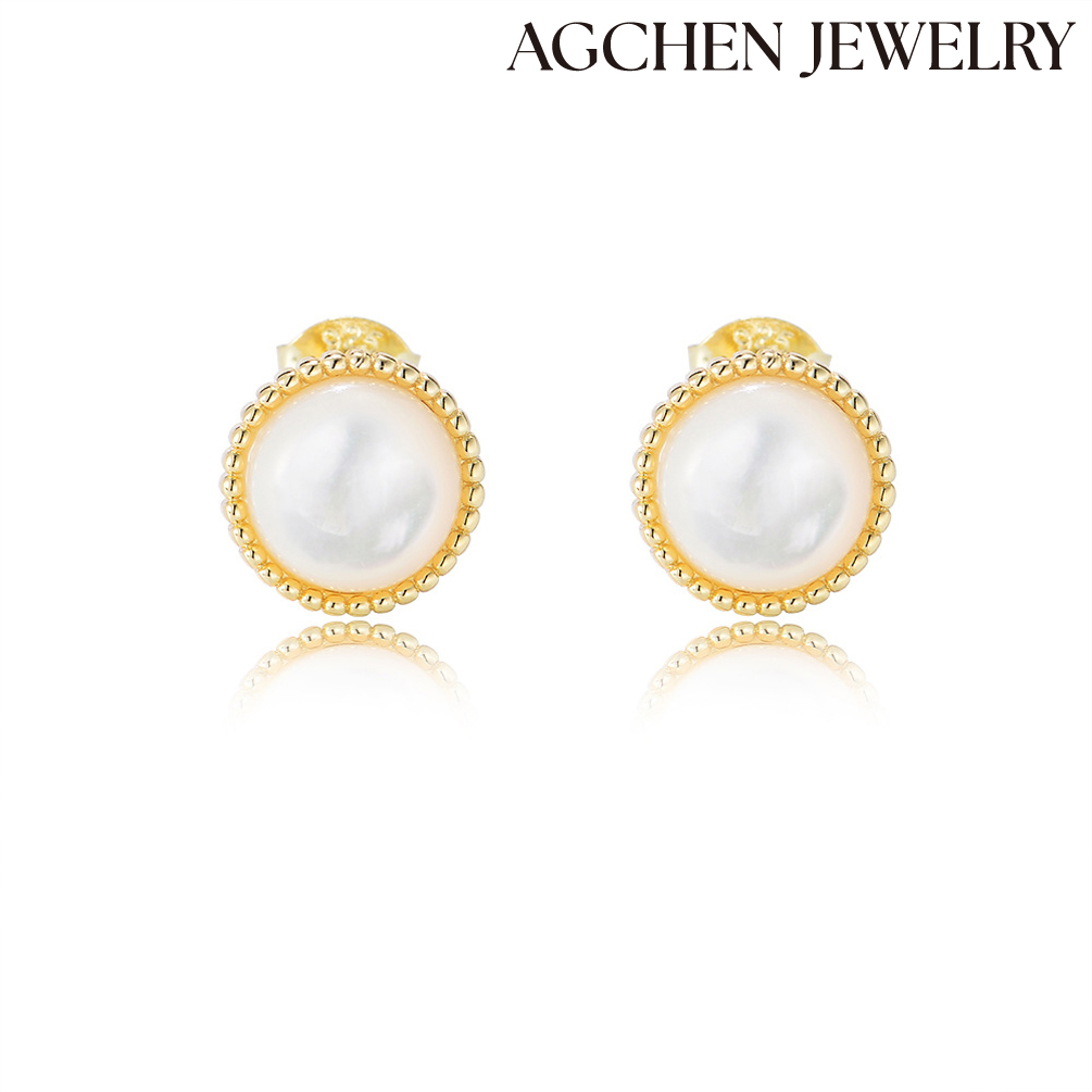 AGCHEN Simple retro classic vint AGe earrings for Women's S925 sterling silver white shell earrings studs high-grade niche design sense AGKE3634