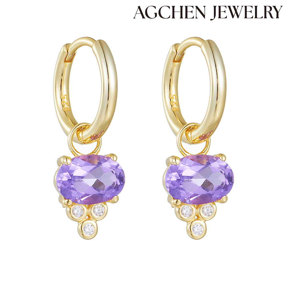 AGCHEN S925 Sterling silver classic oval natural amethyst earrings female Europe and the United States temperament high-grade feeling AGKE4209