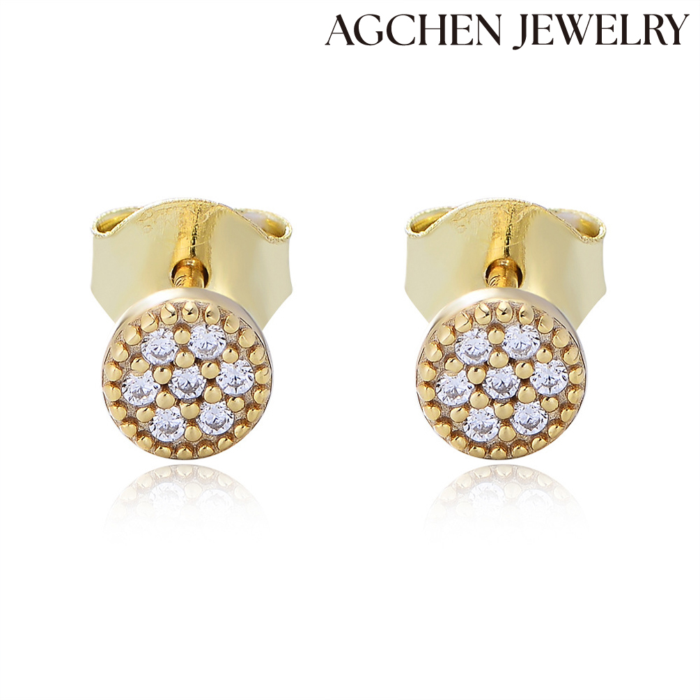 AGCHEN Simple Round zircon crystal 925 Silver Gold plated stud Earrings Fashion Jewelry for women and girls AGKE4168