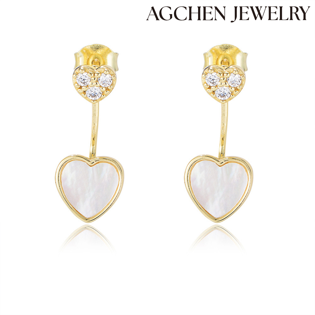 AGCHEN s925 Sterling silver inset zircon heart-shaped fritillary earrings French sweet temperament elegant white shell earrings female AGKE3636