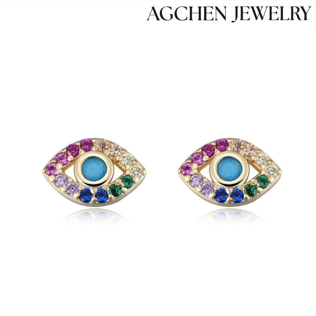 AGCHEN S925 Sterling silver Devil's Eye Earrings European and American earrings-ins Microet Zircon eye studs exquisite trinkets AGLE1305