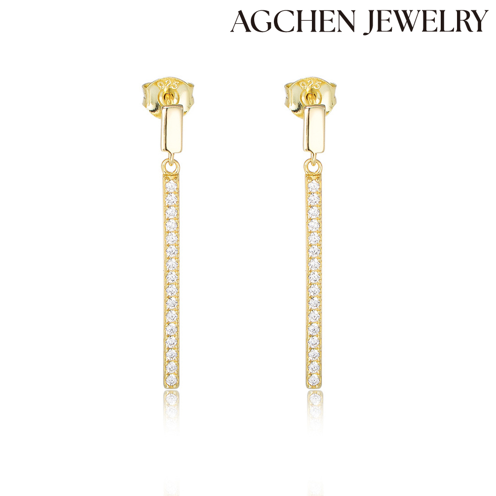 AGCHEN  European and American hot-selling S925 Sterling Silver Long Bar-Shaped Earrings with Zirconia AGKE3572