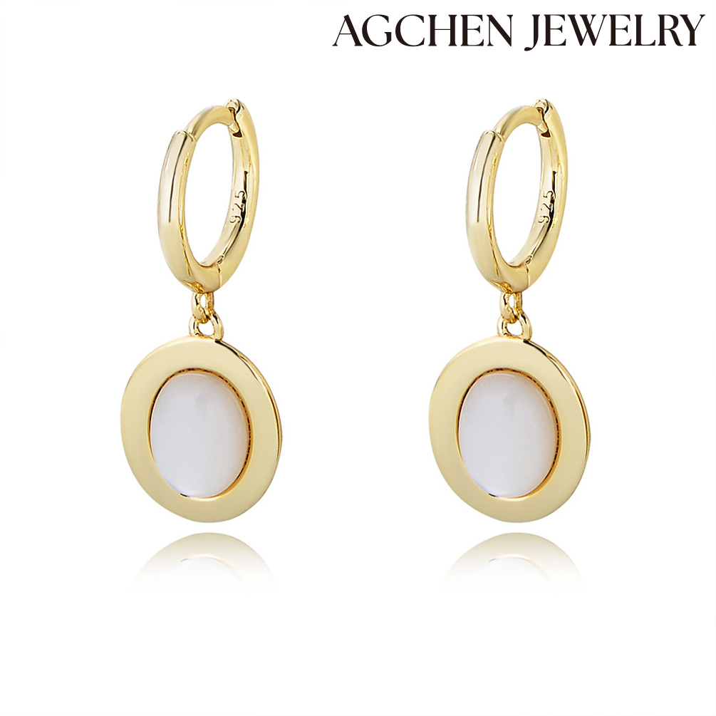 AGCEHN European and American hot-selling S925 Sterling Silver Elliptical Gemstone Earrings AGKSE140