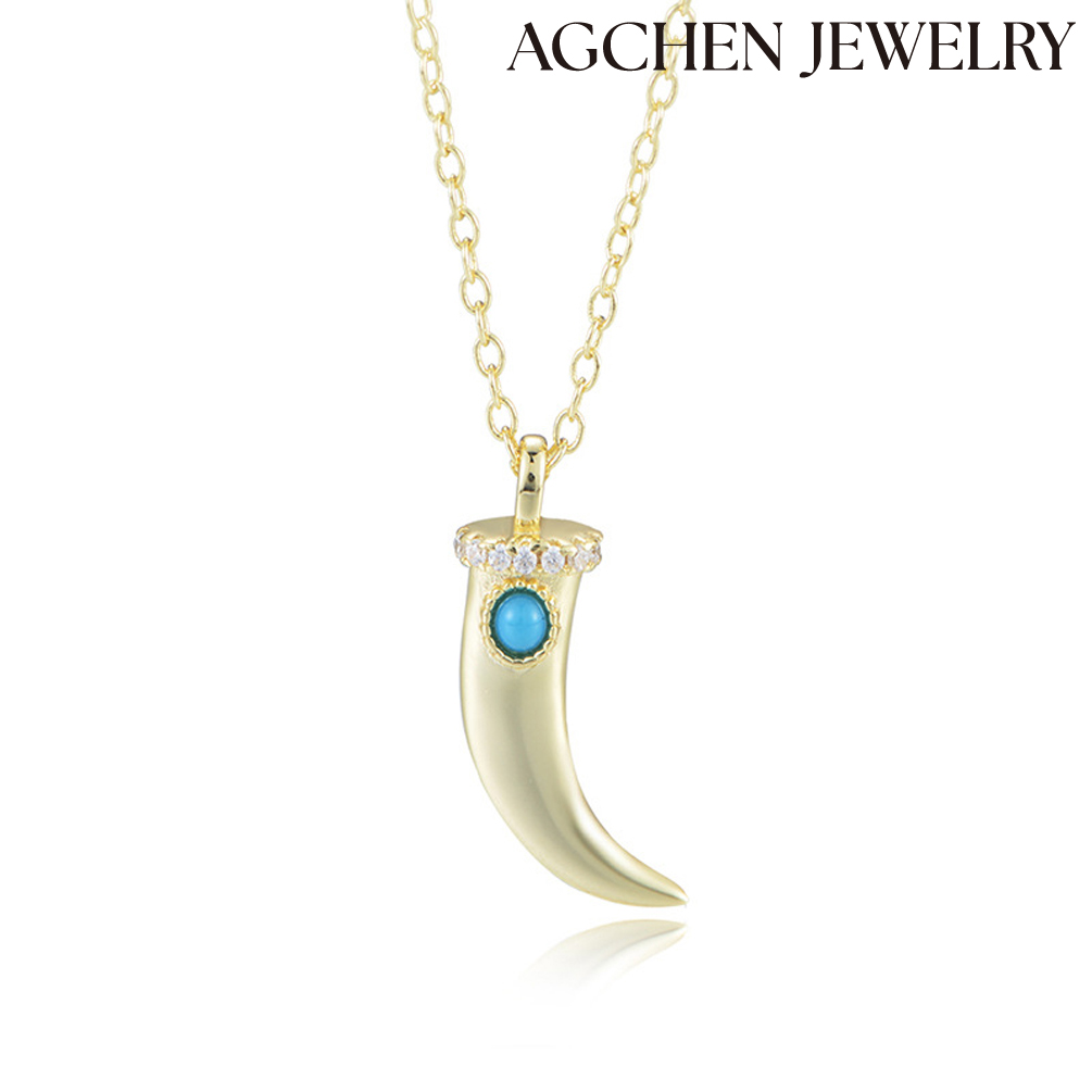 AGCHEN European and American niche design inset turquoise crescent necklace sterling silver female simple zircon collarbone chain AGKN1691