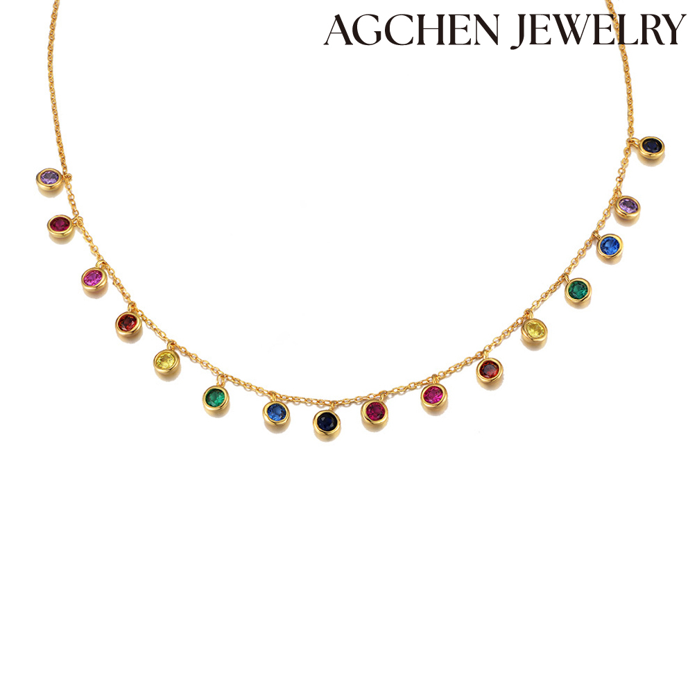 AGCHEN S925 sterling silver round zircon necklace for women Europe and America lively colorful gem pendant rainbow collarbone chain AGAN486