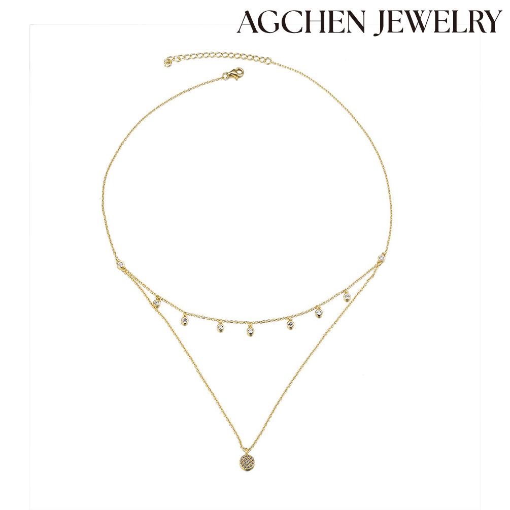 AGCHCEN Popular jewelry design sense S925 sterling silver double necklace simple polka dot women's zircon short collarbone chain AGKN0311