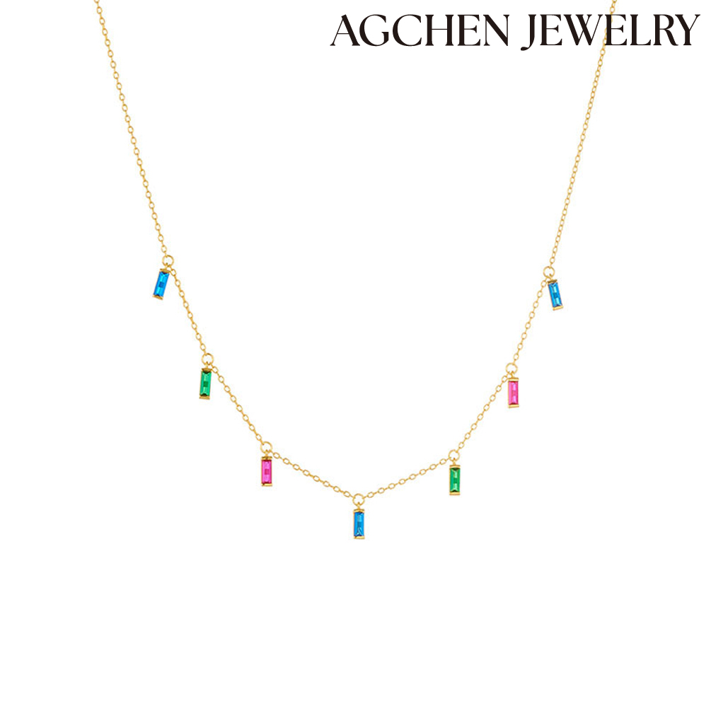 AGCHEN S925 sterling silver geometric square rainbow zircon pendant necklace for women Europe and America ins cold wind stack necklace AGKN0560