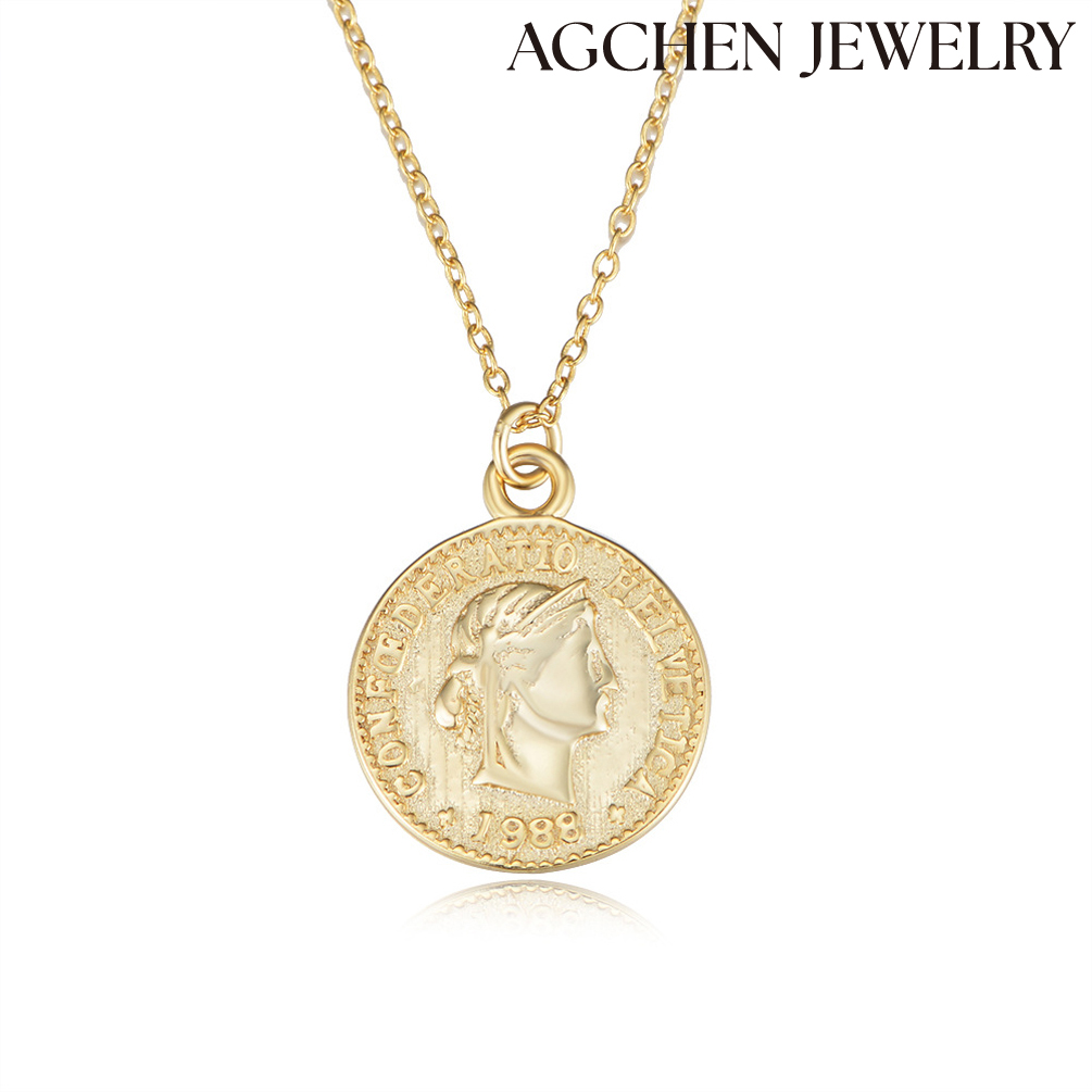 AGCHEN S925 sterling silver figure relief Queen coin necklace female European and American ins personality hipster retro clavicle chain AGKN0127