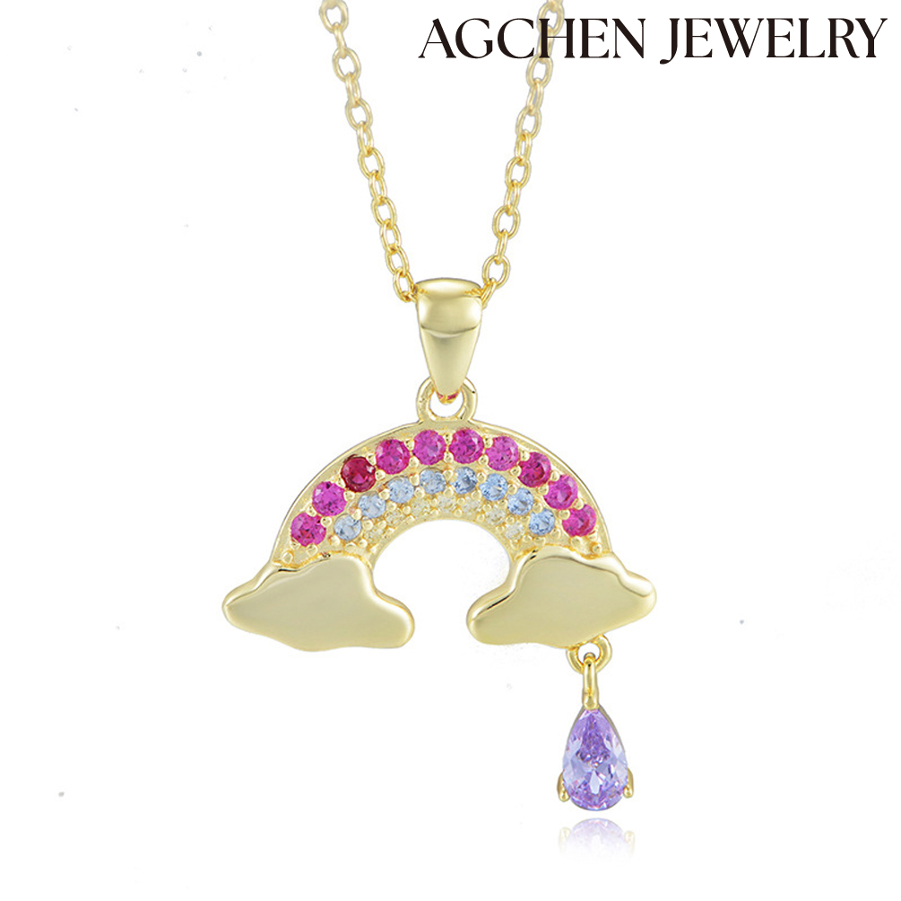 AGCHEN S925 Sterling silver diamond rainbow necklace female Japanese and Korean sweet clouds colored zircon pendant collarbone chain AGKN1675