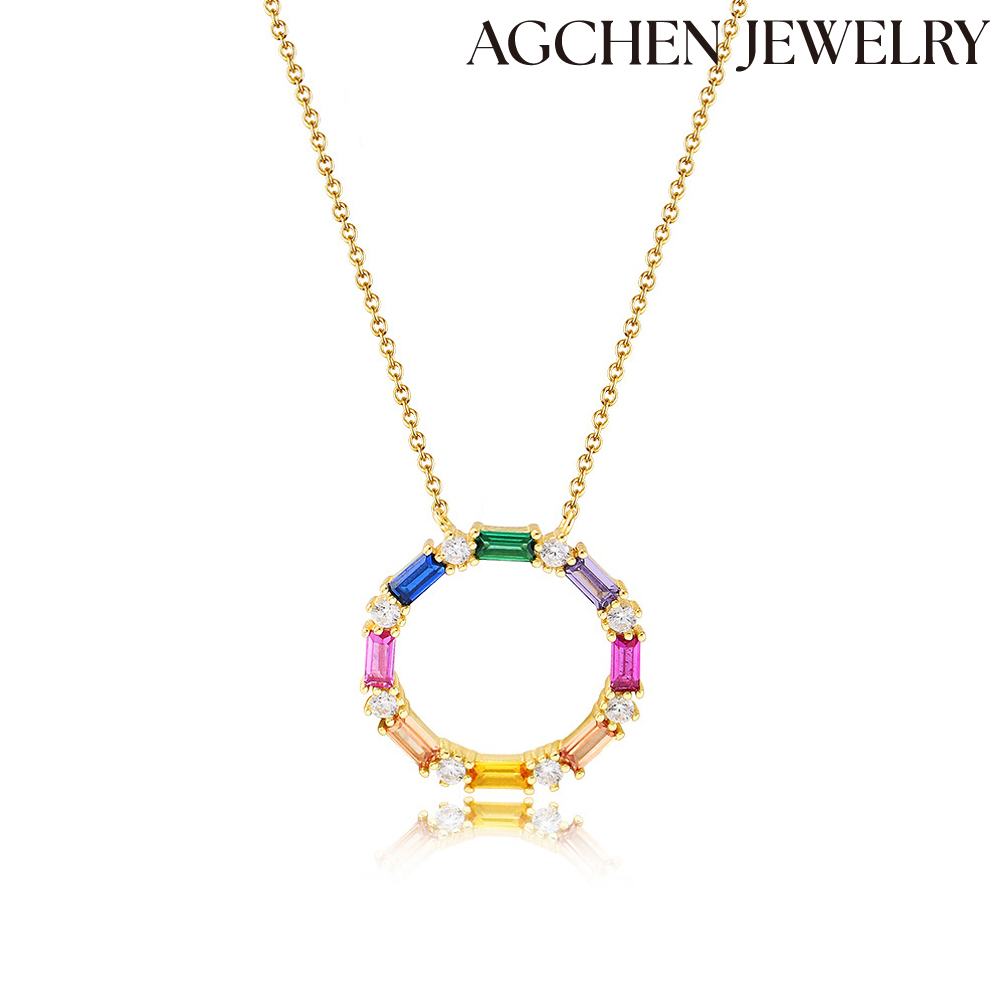 AGCHEN Modern design women fashion jewelry zircon necklaces 925 silver jewelry round rainbow zircon pendant christmas necklace AGKN1751