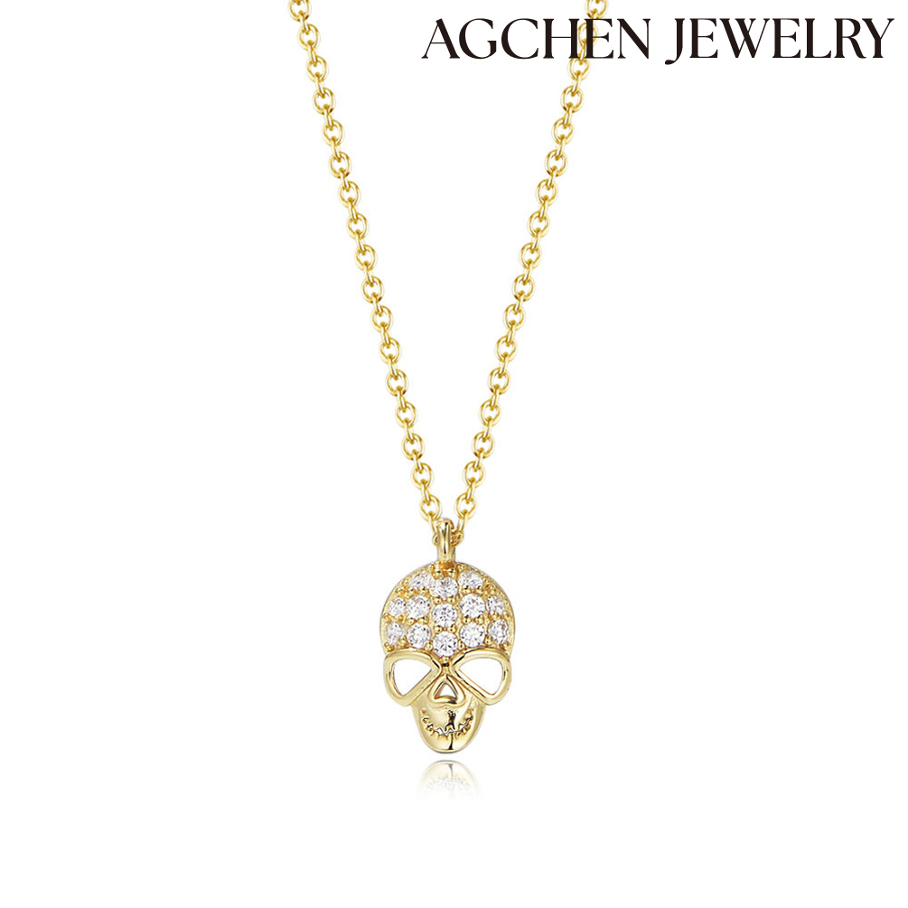 AGCHEN S925 sterling silver diamond skull pendant necklace female European and American hip hop pendant foreign trade jewelry AGKN1694