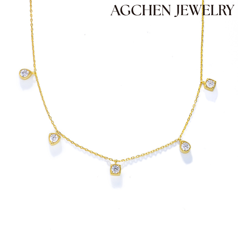 AGCHEN  S925 Sterling Silver Necklace with Triangle and Square Zirconia Stones Europe and America ins style women's AGKN2188