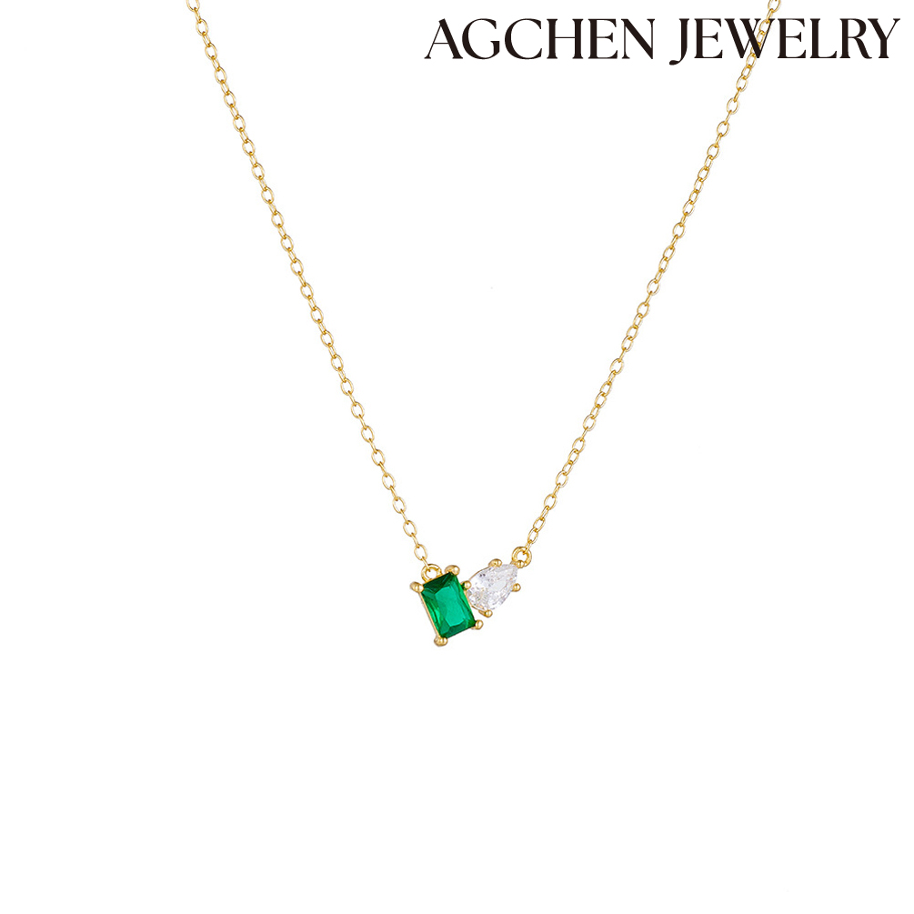 AGCHEN  European and American Hot-selling  High-Quality Green Square Zircon and White Zircon Gold s925 Sterling Silver Necklace AGDN1324