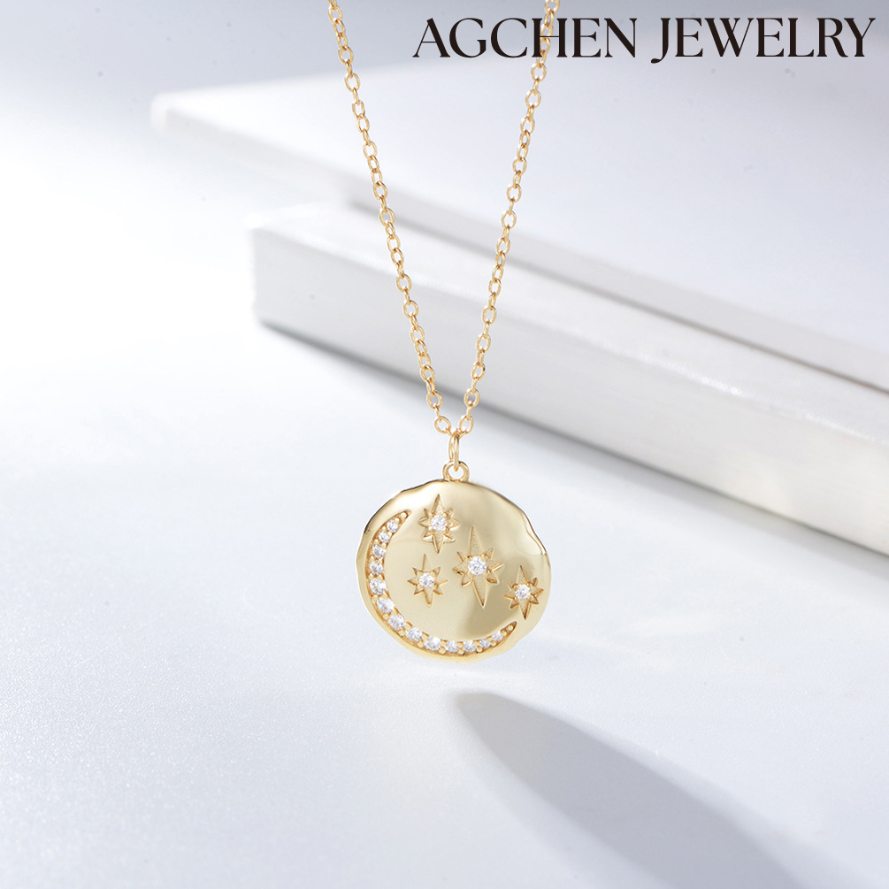 AGCHEN S925 Sterling silver round coin Star Moon Necklace Europe and America ins diamond temperament ladies zircon collarbone chain AGKN1131