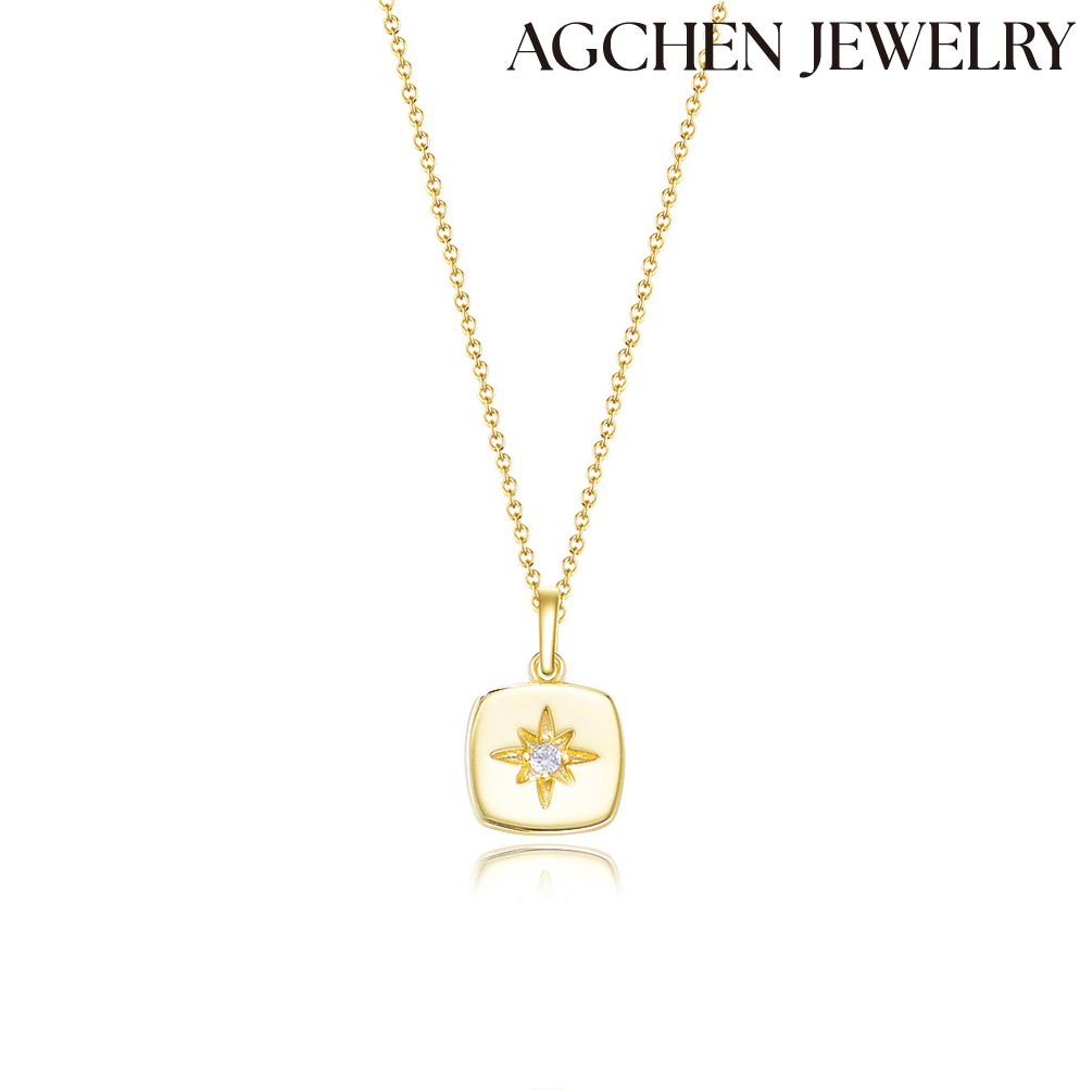 AGCHEN Simple daily everything oct AGon star zircon square brand pendant sterling silver necklace women senior sense collarbone chain AGKN1845