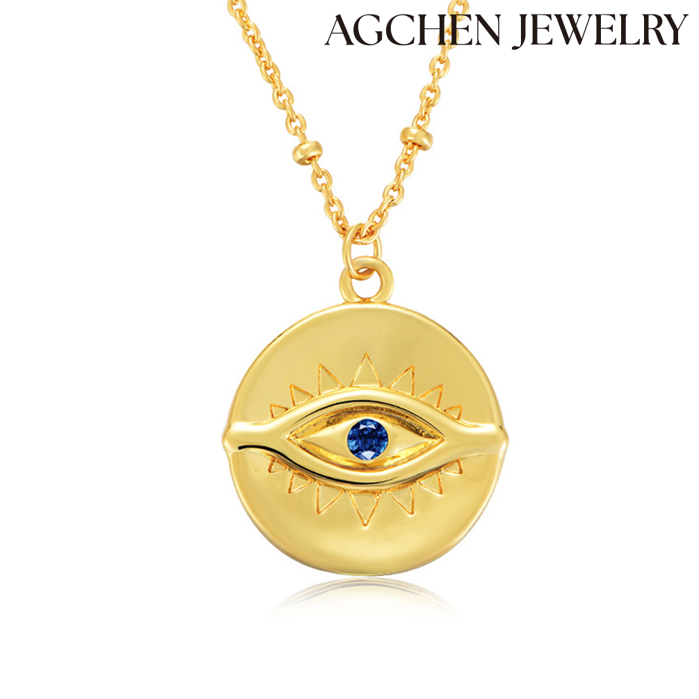 AGCHEN S925 Sterling silver vint AGe Gold plated Devil's Eye Round coin necklace Women ins Light luxury fashion eye clavicular chain AGKN0123