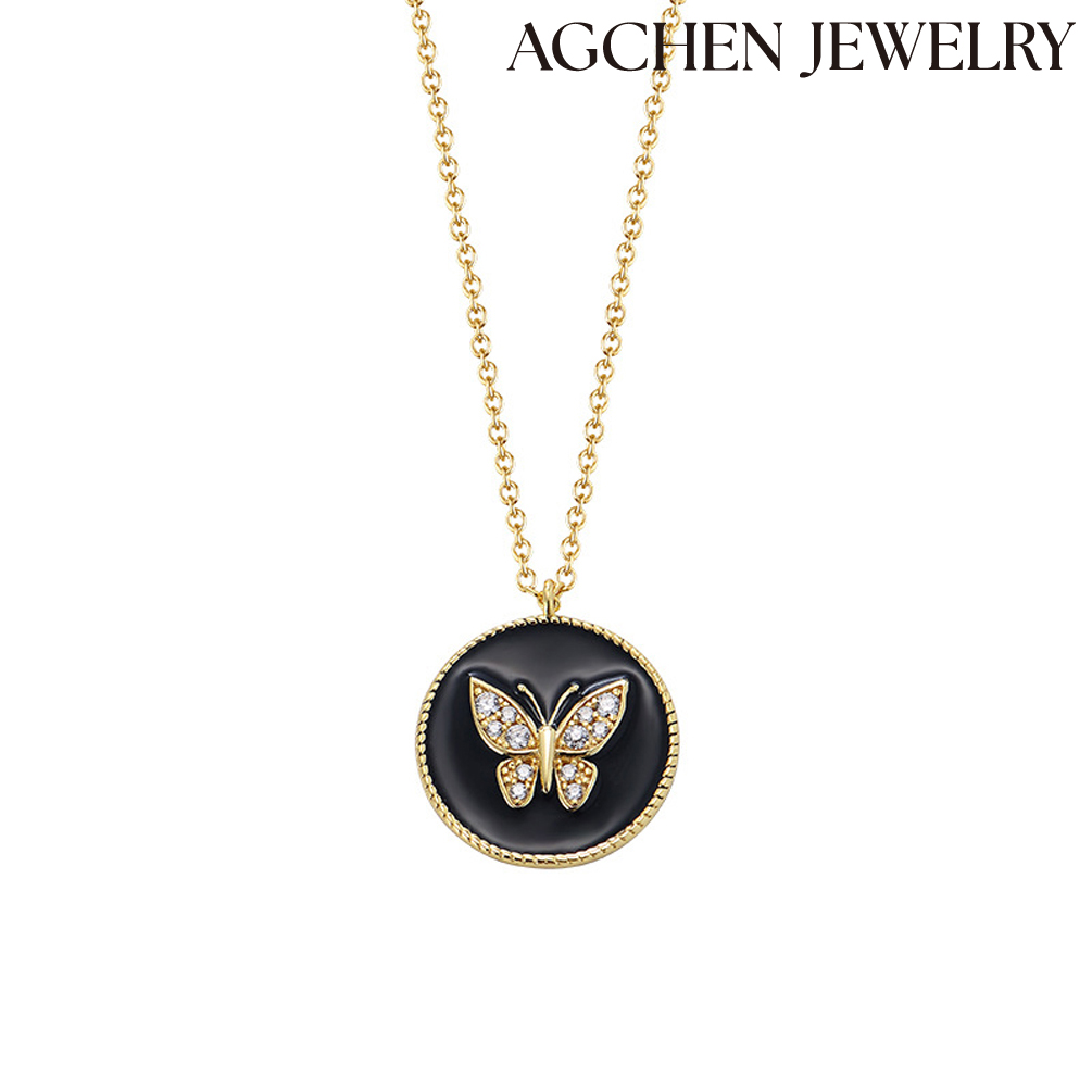 AGCHEN   AGKN1799 Butterfly Cubic Zirconia 925 Sterling Silver Enamel droplet Circle pendant Necklace Gold plated Fashion Jewelry AGKN1799