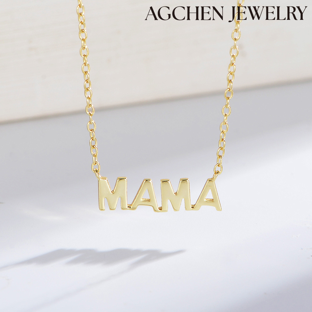 AGCHEN S925 Sterling silver plated 14K glossy mama Letter Pendant Mother's Day necklace women with a simple collarbone chain of heart AGKN1707