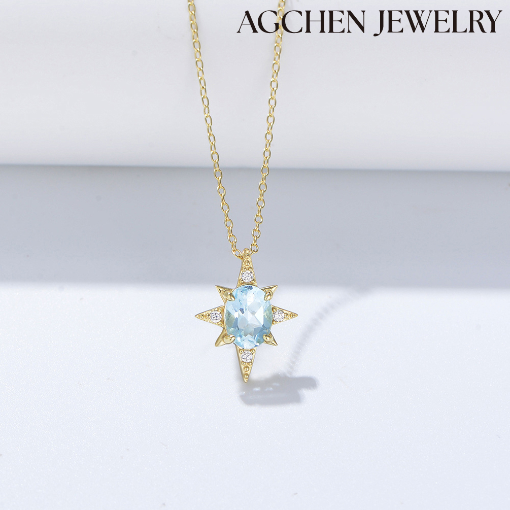 AGCHEN design women's light luxury high-end european and american jewelry drop-shaped sky blue topaz pendant 925 silver necklace AGKN1710