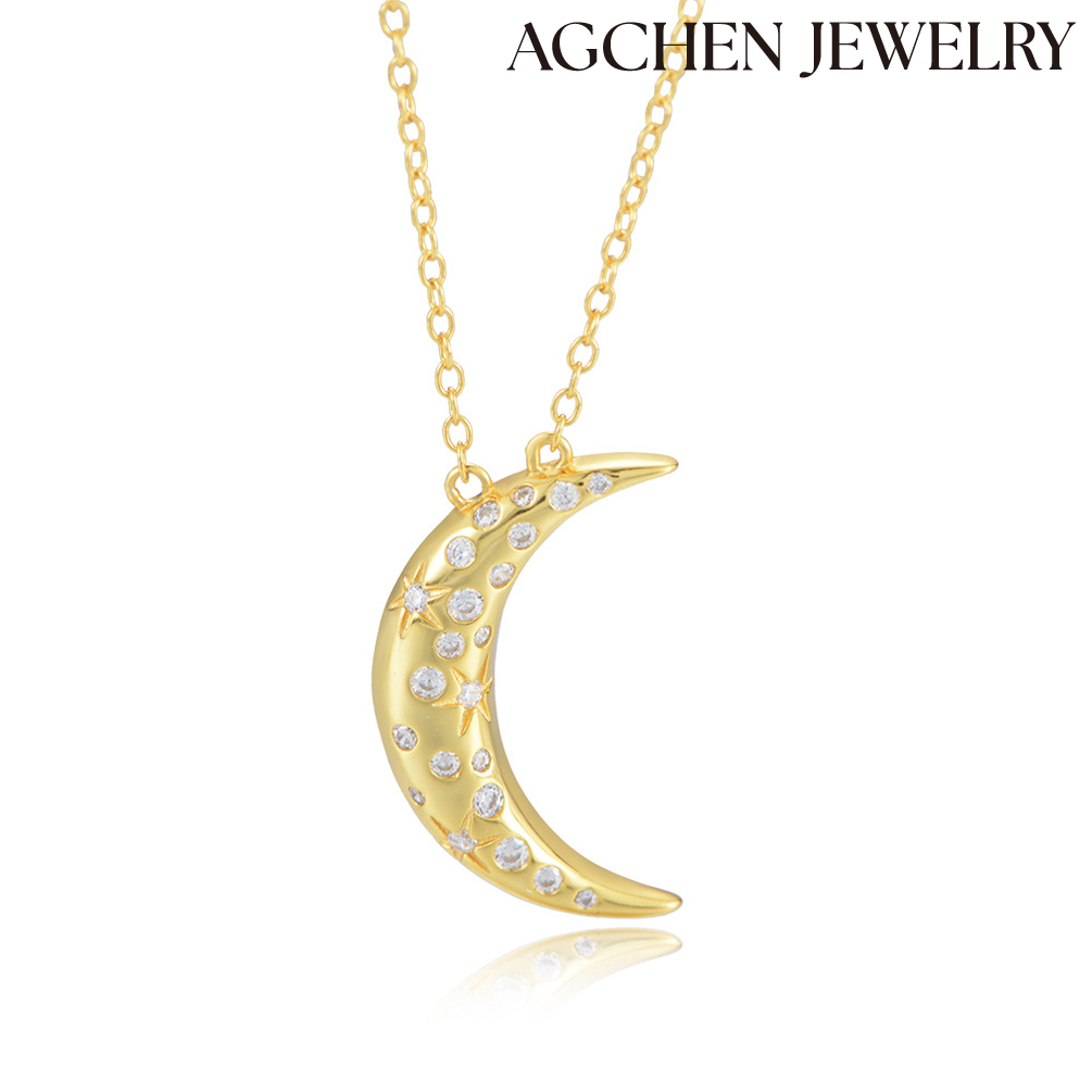 AGCHEN Korean version S925 sterling silver necklace ins style original design simple everything diamond moon necklace female collarbone AGKN1673