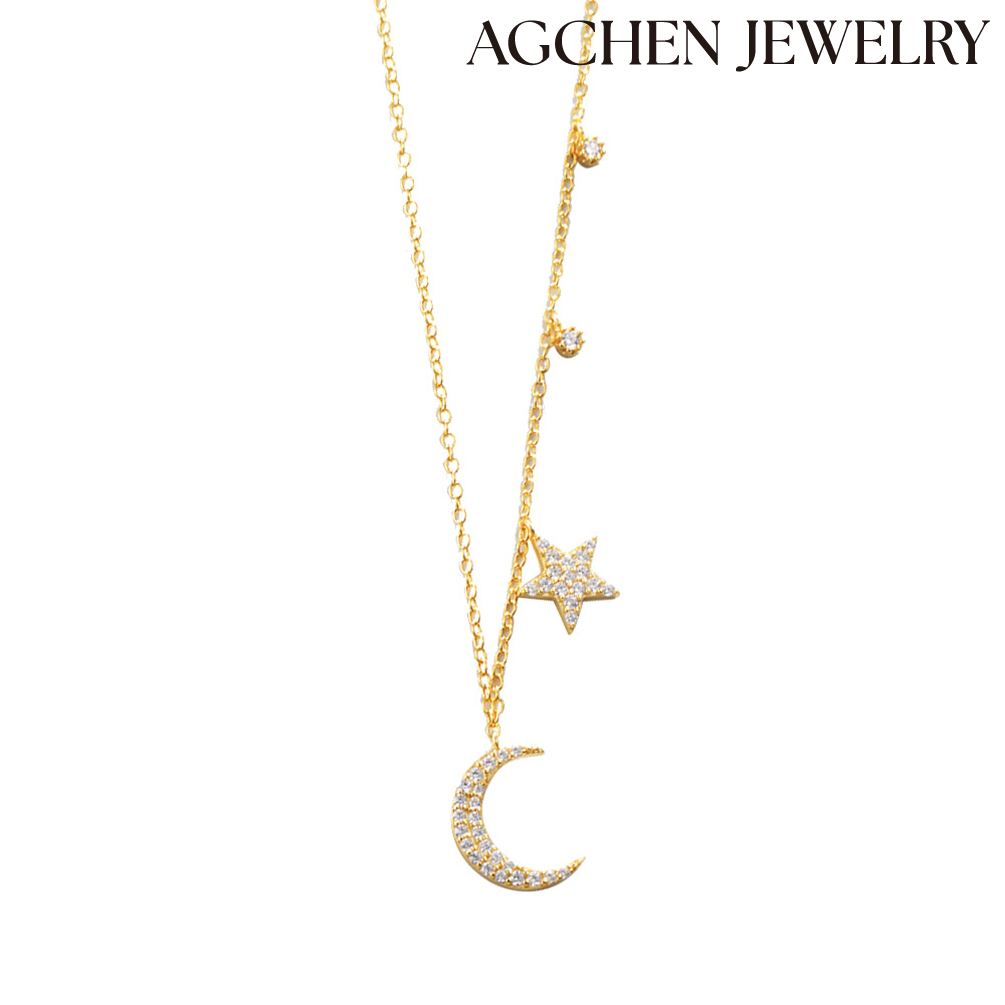 AGCHEN S925 Silver moon star necklace Europe and the United States temperament light luxury niche design diamond clavicular chain women AGKN1125