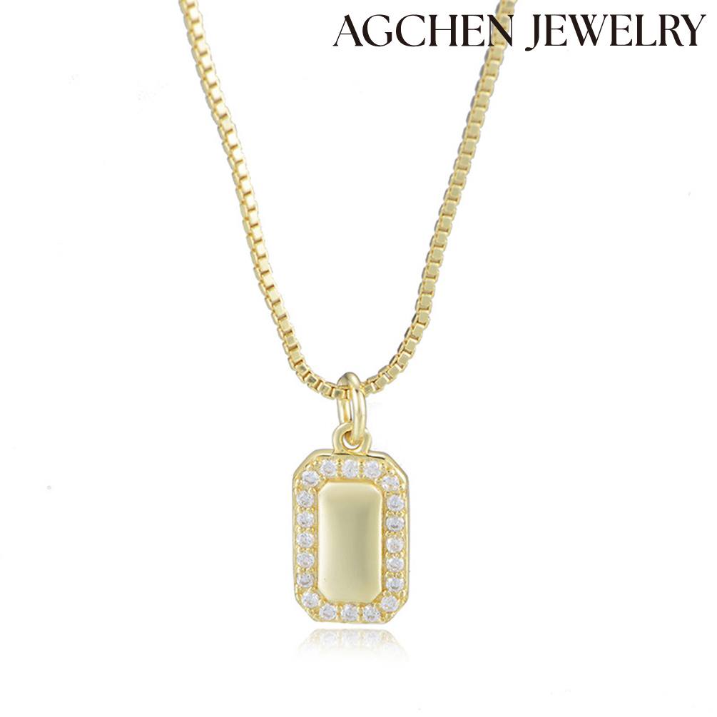 AGCHEN S925 Silver micro-inset zircon geometric square smooth t AG necklace women Europe and America ins simple collarbone chain AGKN1687