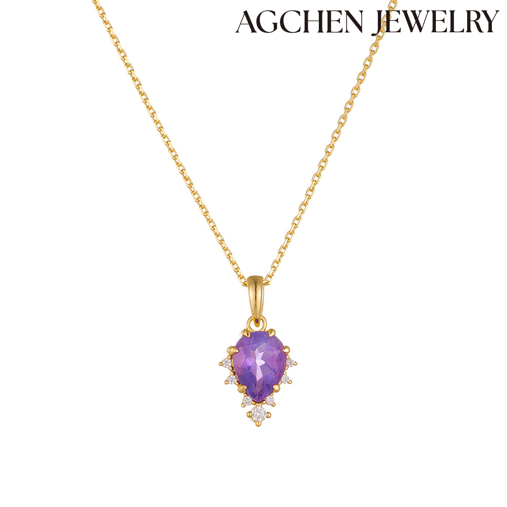 AGCHEN High-Quality Purple Crystal Zircon Pendant Sterling Silver Necklace 9.Europe and America ins style women's AGKN2305