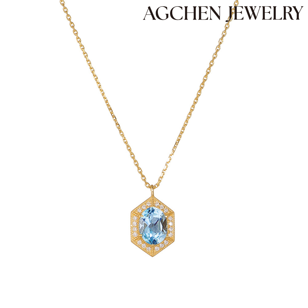 AGCHEN Europe and the United States simple geometric retro natural sky blue Topaz sterling silver necklace women design light luxury AGKSN144