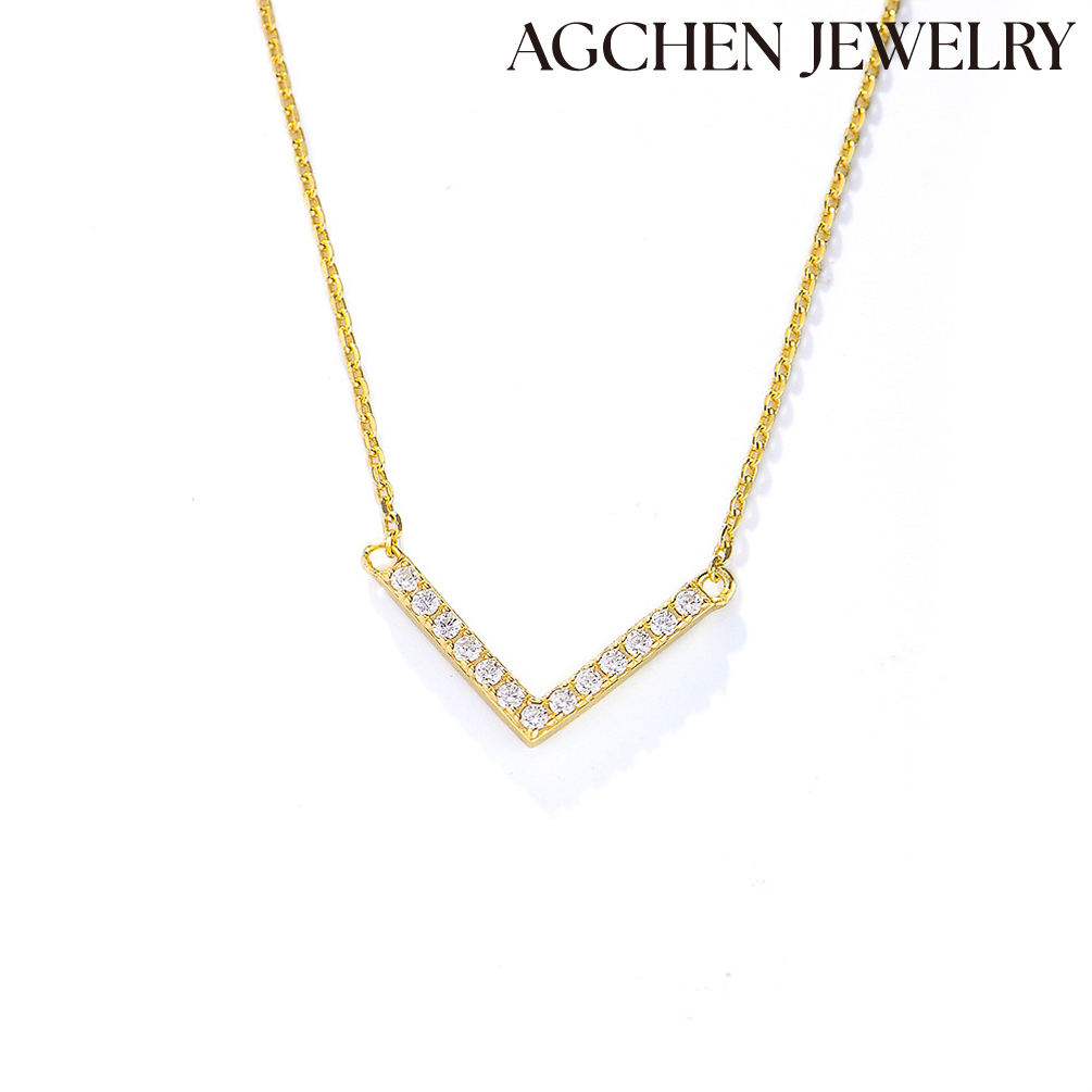 AGCHEN S925 sterling silver V-shaped necklace female INS simple and versatile three-dimensional full diamond pendant clavicle chain AGKSN139