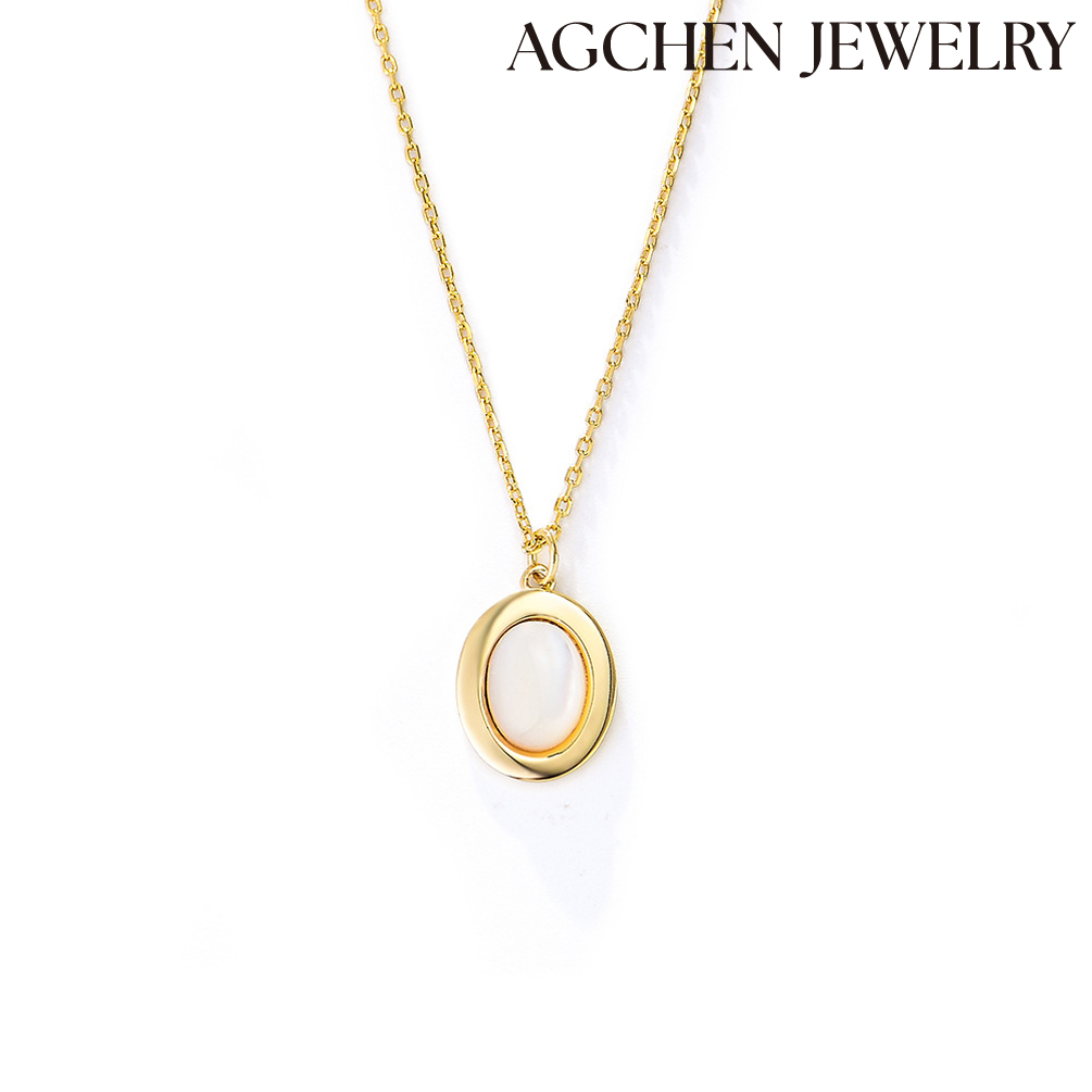 AGCHEN Retro oval natural white fritillary shell pendant sterling silver necklace simple women's temperament fashion collar AGKSN140