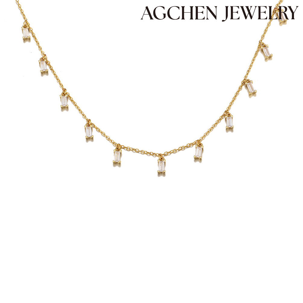 AGCHEN S925 sterling silver tassel square zircon pendant necklace for women cool ins style fashion all match diamond clavicle chain AGLN0620