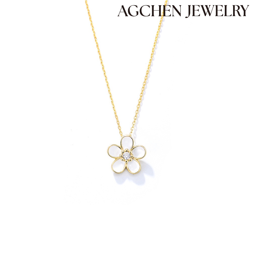 AGCHEN S925 sterling silver inlaid diamond drop oil flower pendant necklace female hot European and American ins wind collarbone chain