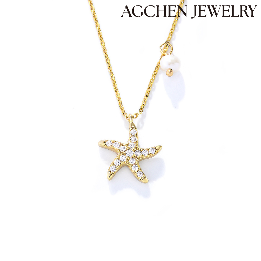 AGCHEN S925 Sterling silver simple full diamond starfish pent AGram short chain pearl necklace female design sense of light luxury AGKN2202