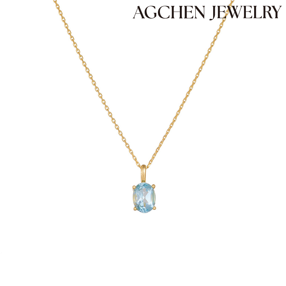 AGCHEN European Hot-Selling Radiate Elegance Golden s925 Sterling Silver Necklace adorned with Sky-Blue Zirconia AGKN2361