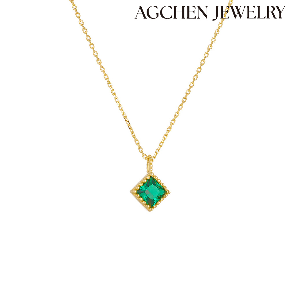 AGCHEN Korean ins light luxury niche high texture geometric square emerald zircon pendant sterling silver necklace clavicle chain AGKSN178