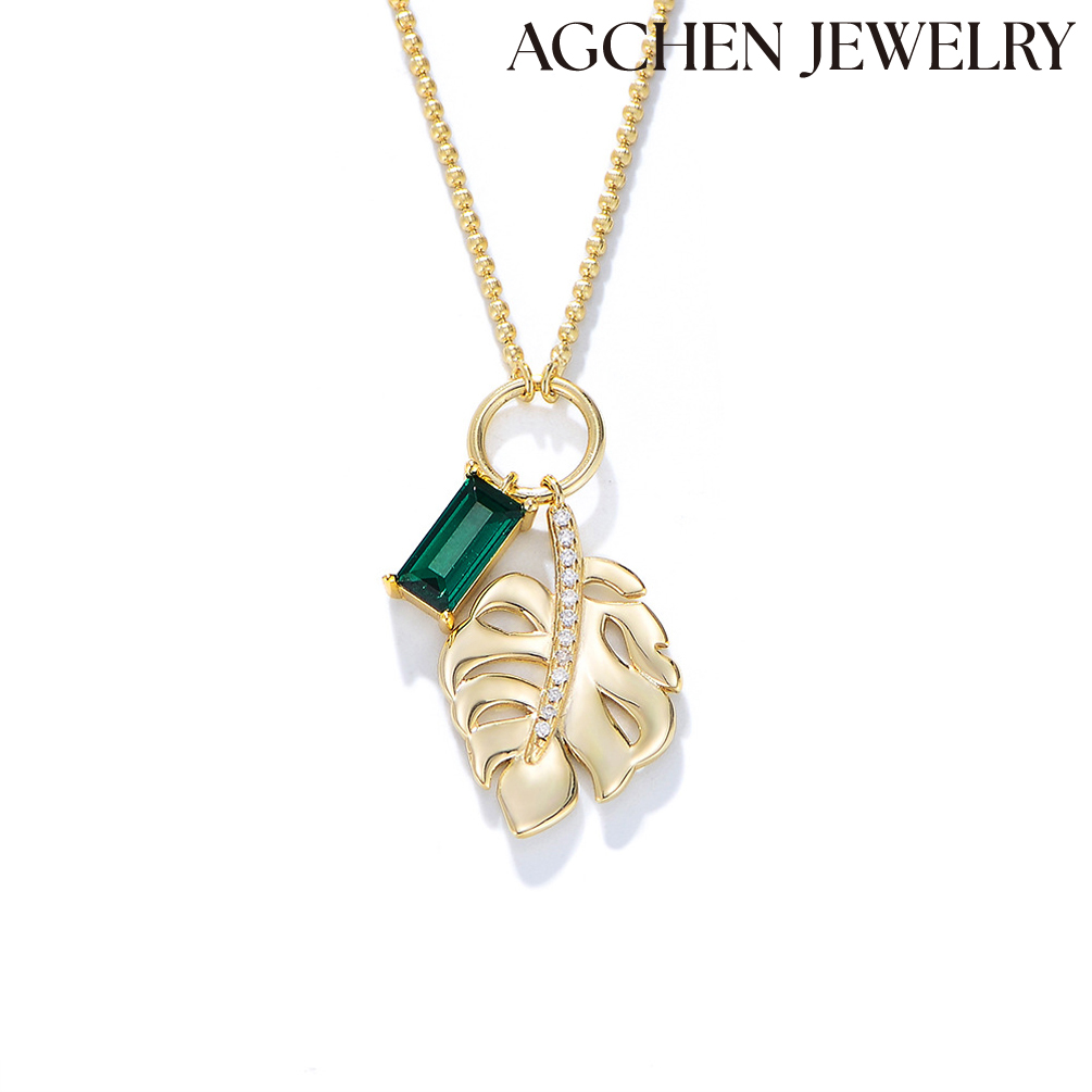 AGCHEN S925 sterling silver emerald zircon leaf pendant necklace women Europe and the United States light luxury senior clavicle chain AGKN2204