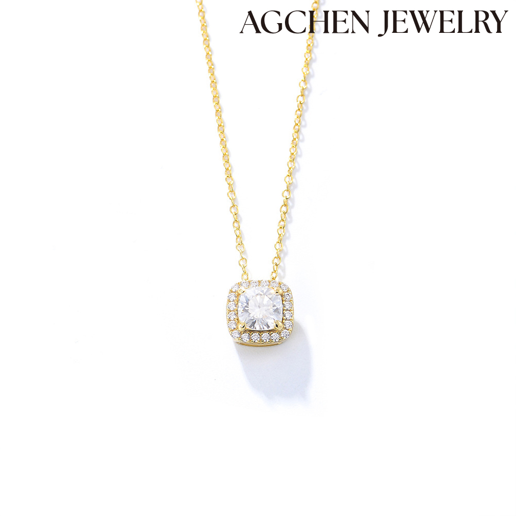 AGCHEN Korean S925 sterling silver fashion geometric square zircon necklace women ins small clavicle chain simple everything necklaces AGKN2121