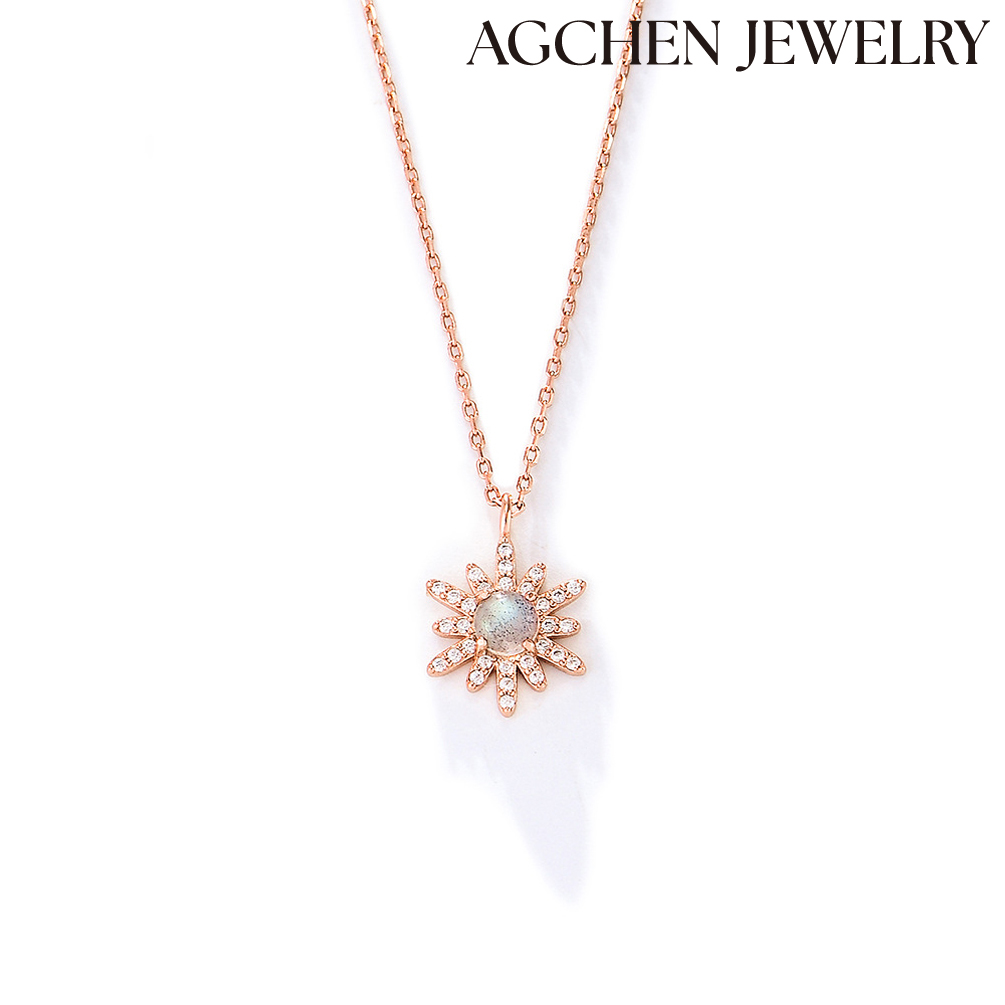 AGCHEN Europe and the United States Ins hot sale S925 Sterling Silver Sunflower Pendant necklace with Opal and Zirconia AGKSN145