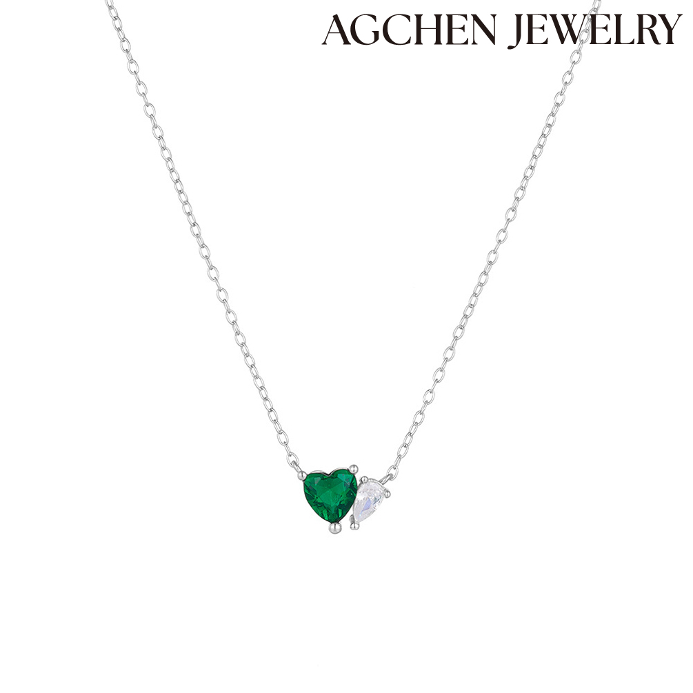 AGCHEN High Quality Emerald Green and White Heart Pendant S925 Sterling Silver Necklace  fashion hot sales products AGKSN181