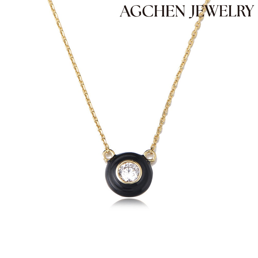 AGCHEN  European and American niche design drop oil necklace female 925 sterling silver retro round single diamond zircon clavicle chain AGKSN164