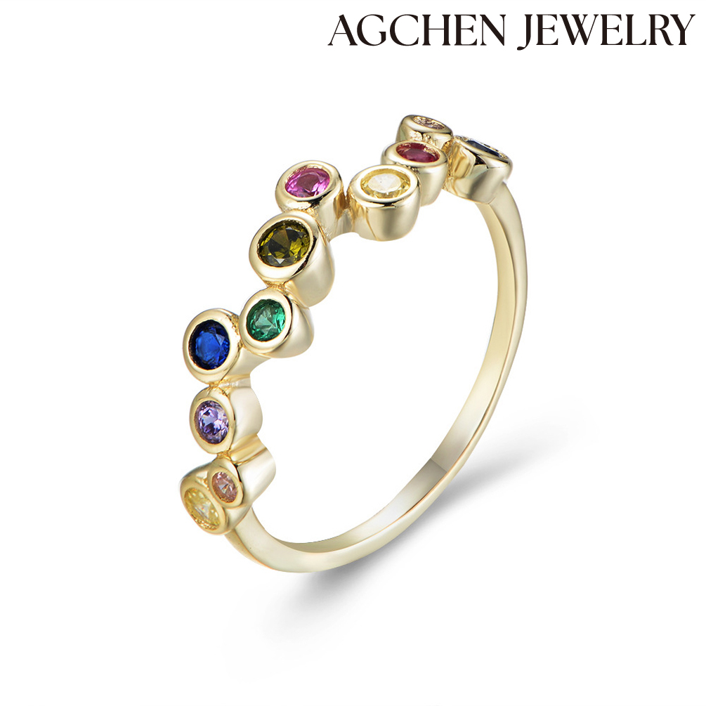 AGCHEN S925 sterling silver colored zircon ring women's European and American style luxury high-end rainbow ring hand jewelry AGKR0187