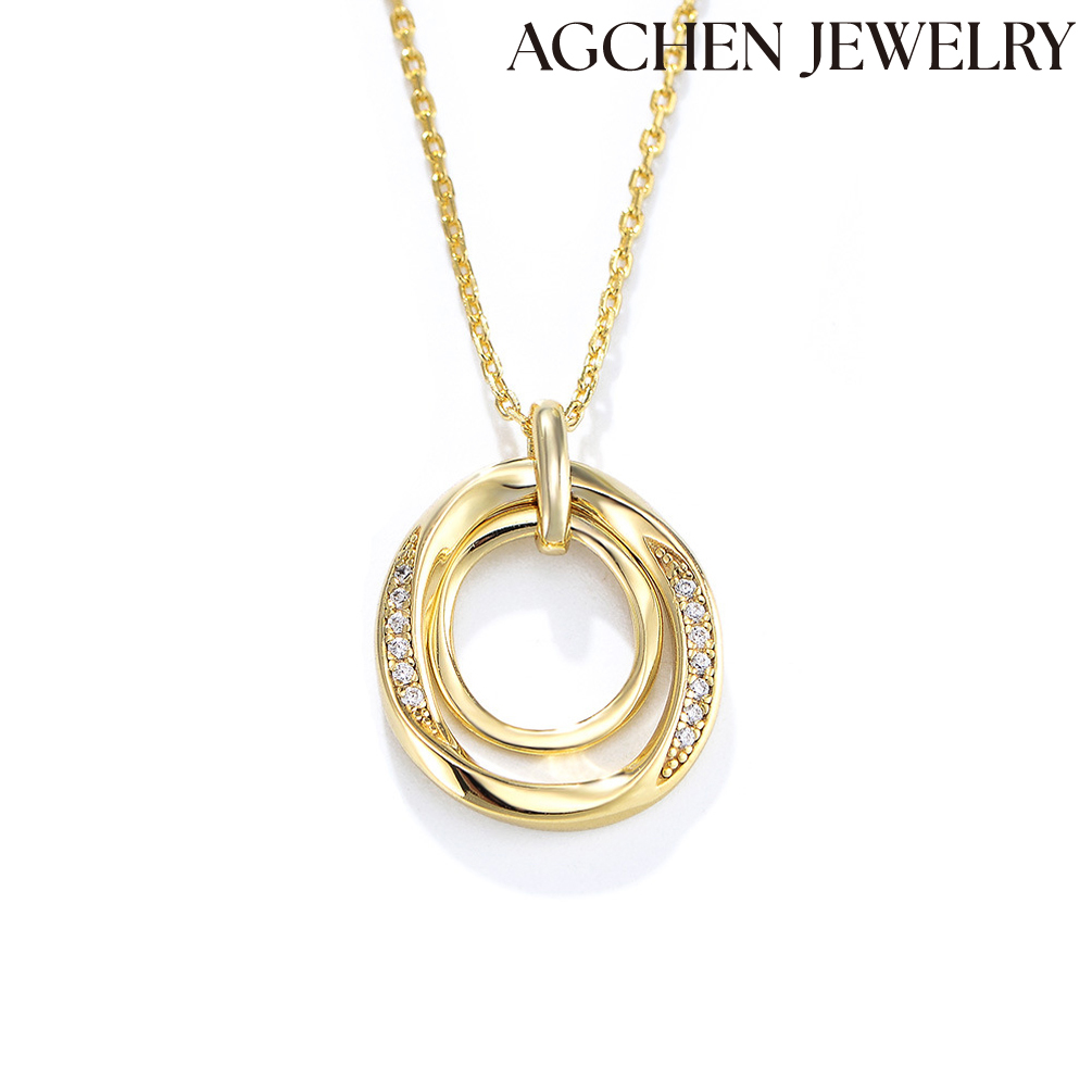 AGCHEN S925 Sterling silver diamond necklace women retro light luxury advanced simple double ring circle collar bone chain choker AGKN2189