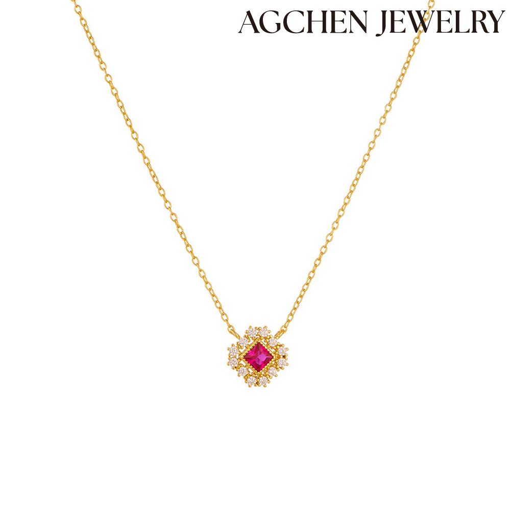 AGCHEN  European and American ins zircon necklace female fashion temperament special geometric princess square ruby hollow pendant lock AGKN2457