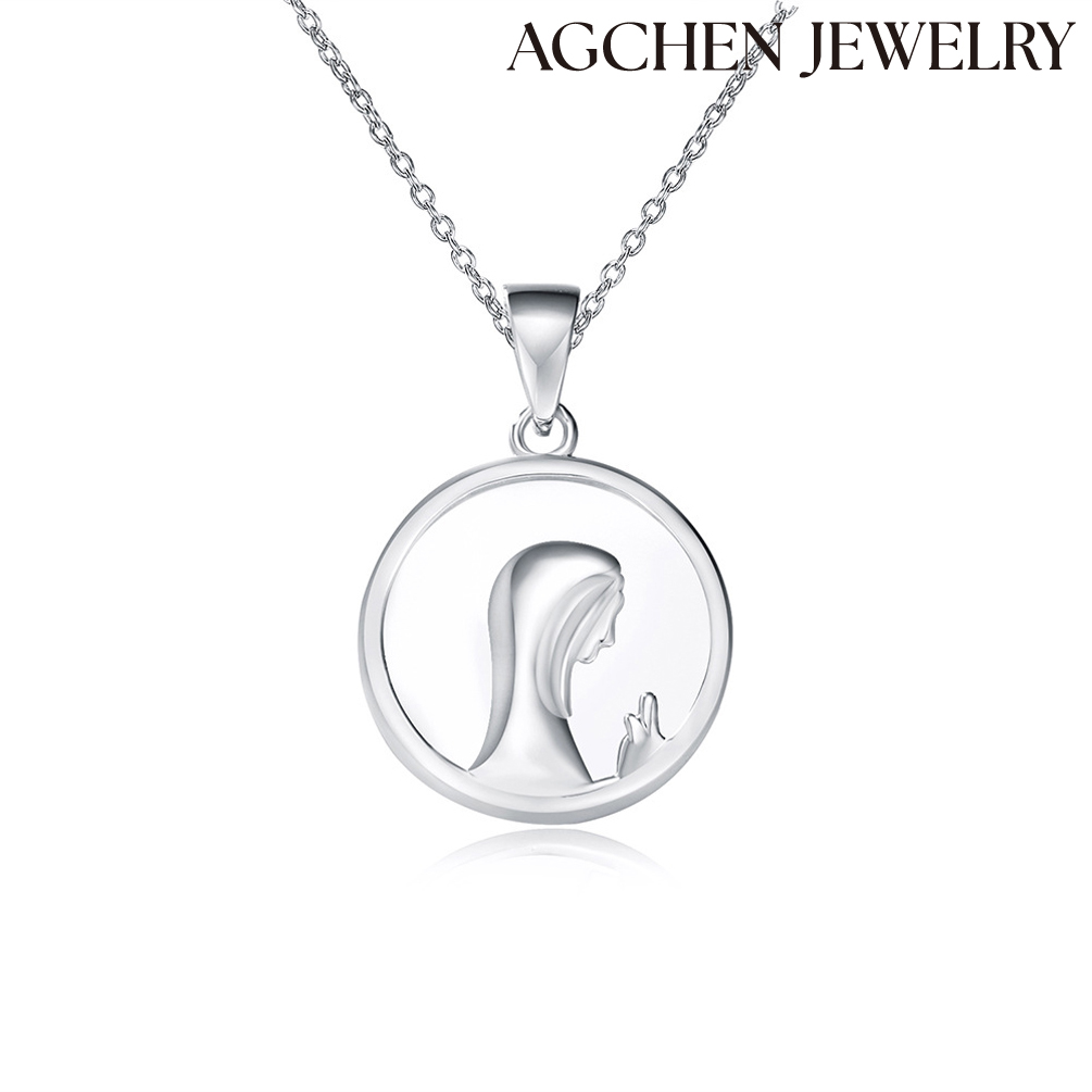 AGCHEN  Hot item S925 Silver natural white shell religious prayer necklace female Europe and the United States Madonna portrait pendant AGLP1093 Small"