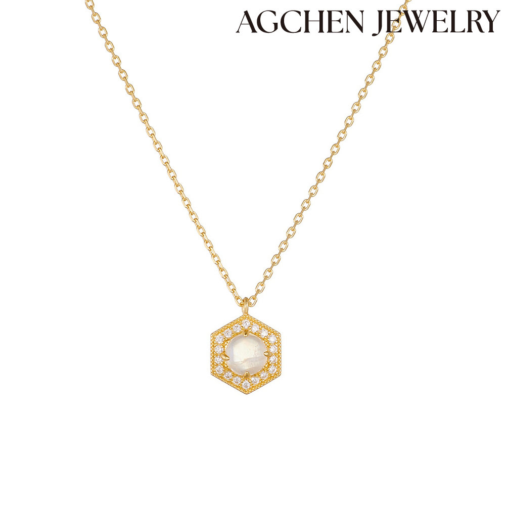 AGCHEN S925 sterling steel retro ins simple geometric hex AGonal natural moonstone pendant necklace women's senior sense clavicle chain AGKSN143