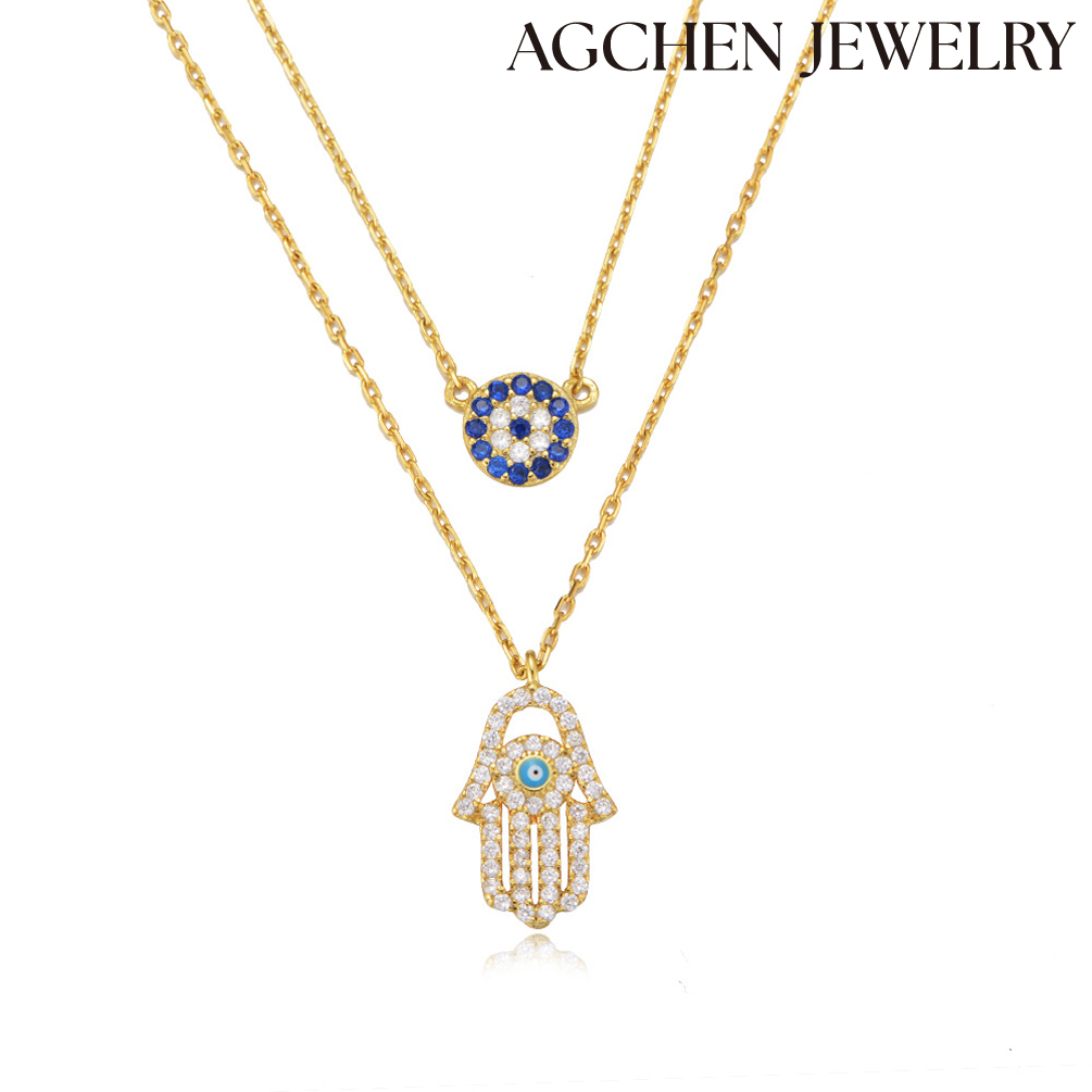 AGCHEN S925 sterling silver Shi demon eyes Hamsa palm double necklace female Europe and America ins design sense new accessories AGMHN0024