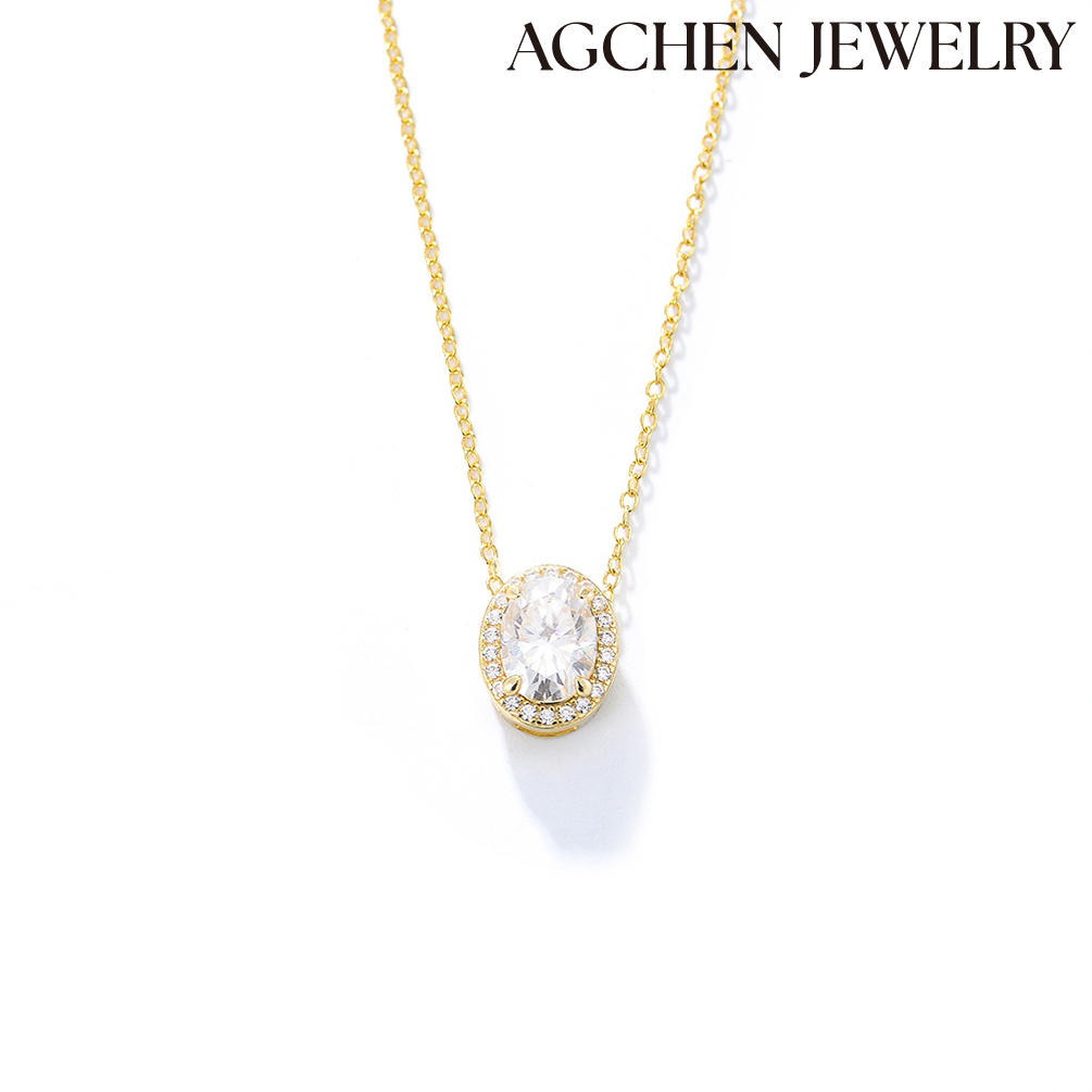 AGCHEN S925 Sterling silver micro-inset Zircon temperament women necklace everything with diamond oval geometric clavicle chain jewelry AGKN2123